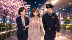 ストーカー被害から成人女性を守る相談員と警察官のアニメ風イラスト
