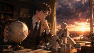 揺らぐ世界秩序を見つめる成人男性研究者のアニメ風イラスト
