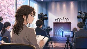 権力監視の役割を担う成人女性記者のアニメ風イラスト