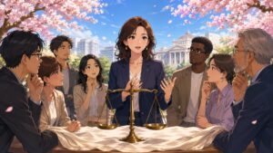 表現の自由と社会の許容範囲を議論する成人女性法律家のアニメ風イラスト