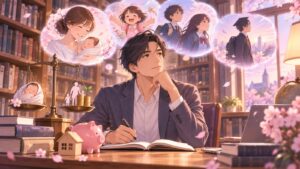 「出産後、子育ては約20年続きます 妊娠検診出産費用も大事ですが、やはり子供の扶養控除は復活するべきです」を題材にした架空の成人人物のアニメ風イラスト