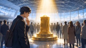 空港で個人崇拝の危うさを考察する成人男性研究者のアニメ風イラスト