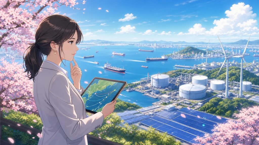 エネルギーと安全保障の自立を考える成人女性分析官のアニメ風イラスト