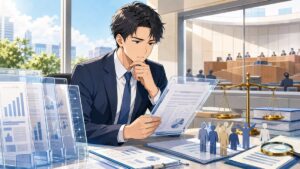 政治家の資産公開と透明性を確認する成人男性監査員のアニメ風イラスト