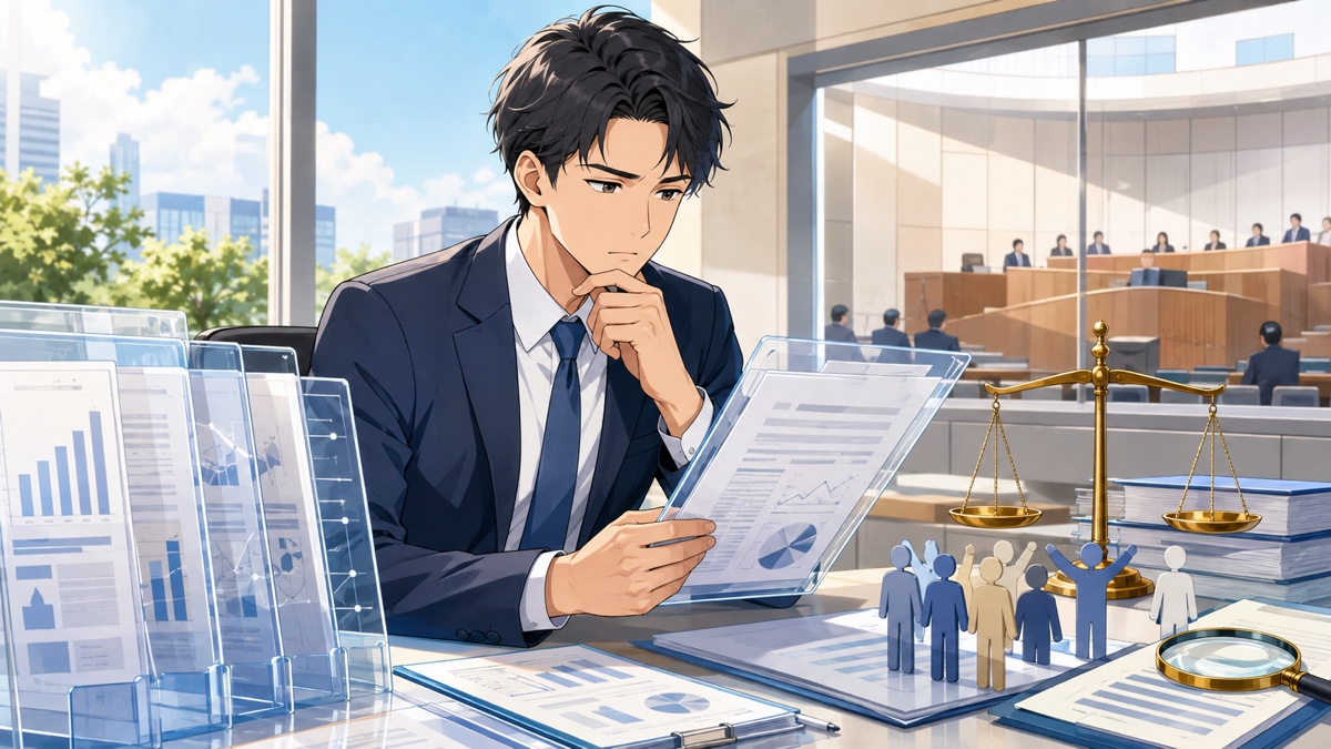 政治家の資産公開と透明性を確認する成人男性監査員のアニメ風イラスト