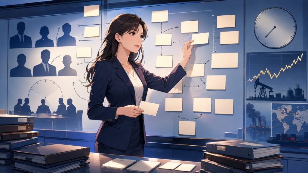 情勢変化と政策判断を整理する成人女性分析官のアニメ風イラスト