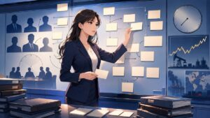 情勢変化と政策判断を整理する成人女性分析官のアニメ風イラスト