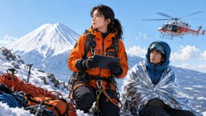雪の富士山で救助隊員の安全を確認する成人女性のアニメ風イラスト