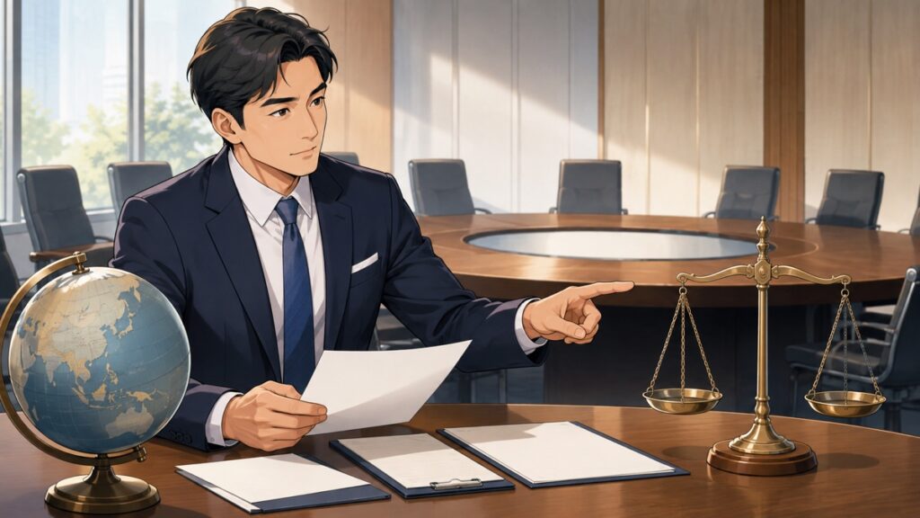 同盟国間の責任と負担を検討する成人男性外交官のアニメ風イラスト