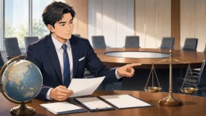 同盟国間の責任と負担を検討する成人男性外交官のアニメ風イラスト