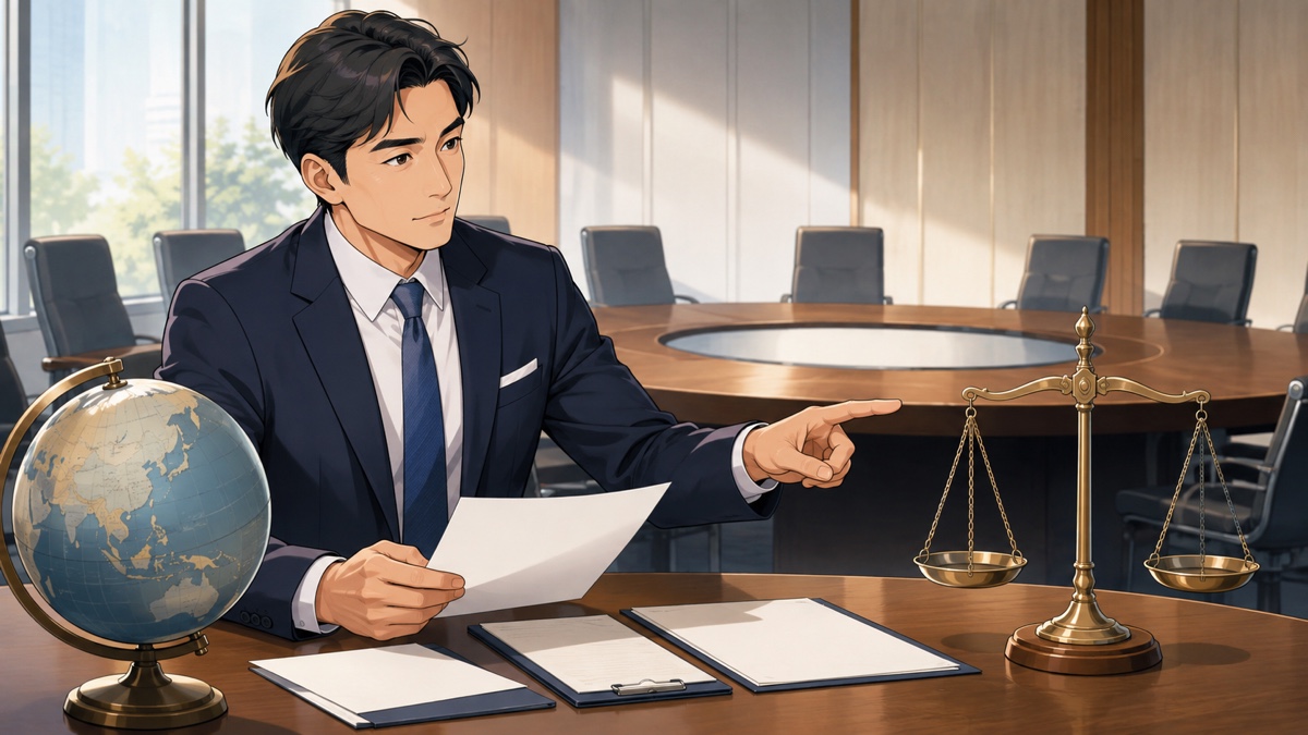 同盟国間の責任と負担を検討する成人男性外交官のアニメ風イラスト