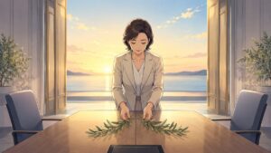 朝日の会議室で停戦と和解を象徴する成人女性のアニメ風イラスト