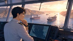 海峡で待機する貨物船の航路を見守る成人男性船員のアニメ風イラスト
