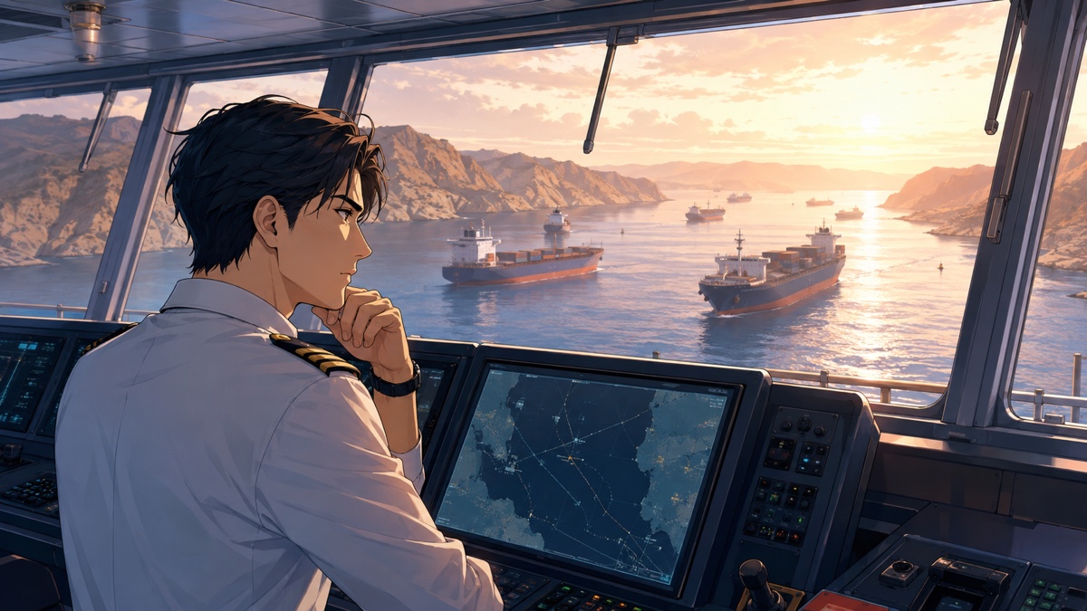 海峡で待機する貨物船の航路を見守る成人男性船員のアニメ風イラスト