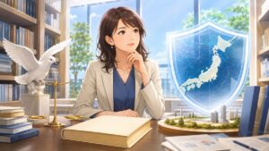 平和と国防のための憲法議論を検討する成人女性のアニメ風イラスト