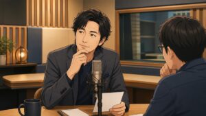 放送スタジオで笑いと公共的な議論を考える成人男性のアニメ風イラスト