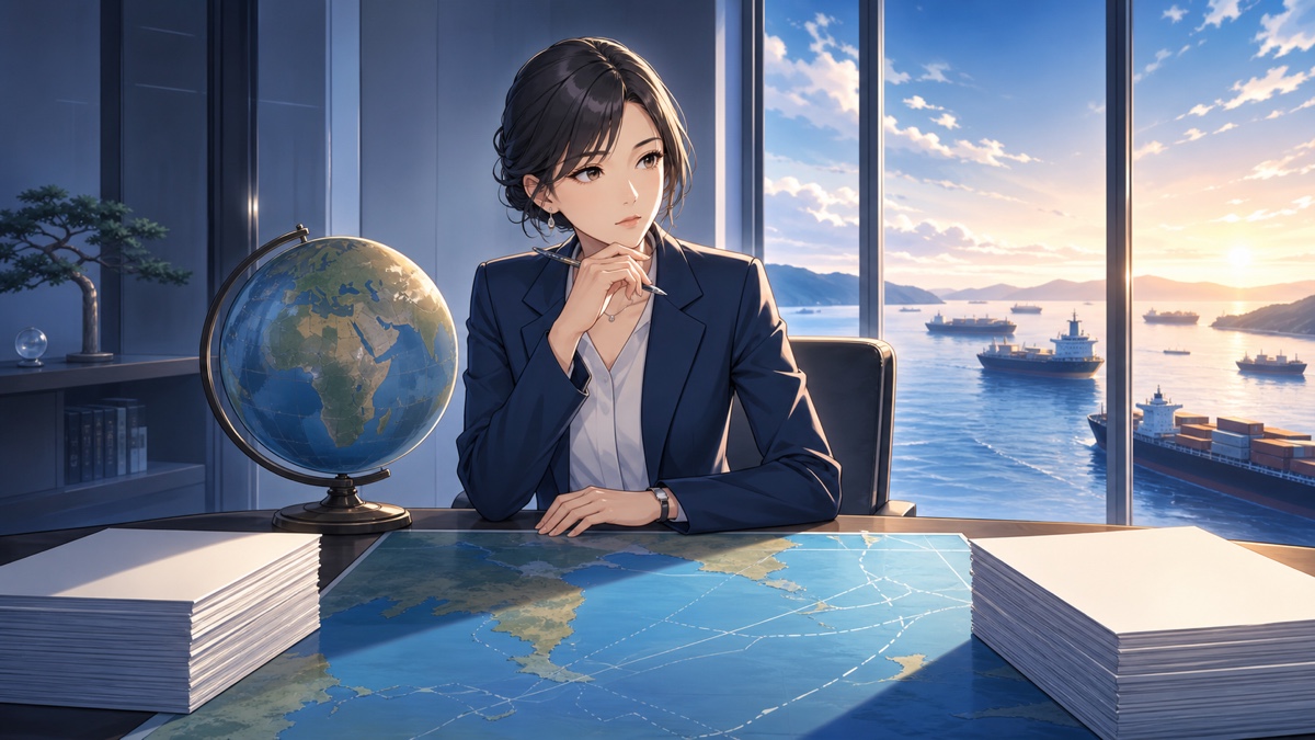 世界秩序と海峡を巡る交渉の行方を分析する成人女性のアニメ風イラスト