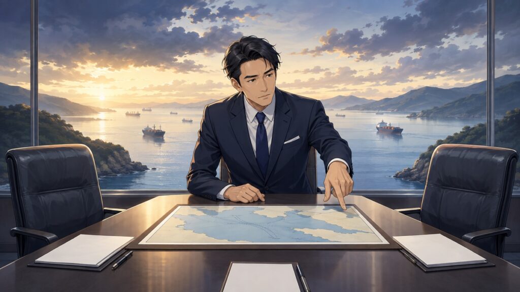 海峡封鎖の解消と停戦交渉を進める成人男性外交官のアニメ風イラスト