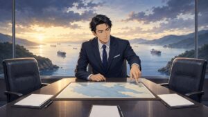 海峡封鎖の解消と停戦交渉を進める成人男性外交官のアニメ風イラスト