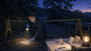 静かな山林で事件性を慎重に調査する成人男性調査員のアニメ風イラスト