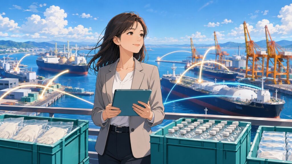 港でエネルギーと医療物資の供給網を調整する成人女性のアニメ風イラスト