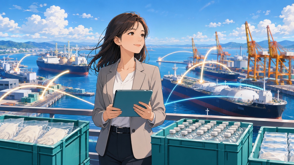 港でエネルギーと医療物資の供給網を調整する成人女性のアニメ風イラスト