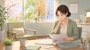 生活環境の変化と心の健康を考える成人女性相談員のアニメ風イラスト
