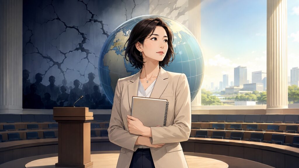 暴力を正当化しない理性的な政治を考える成人女性のアニメ風イラスト