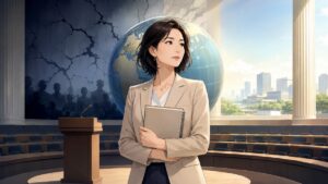 暴力を正当化しない理性的な政治を考える成人女性のアニメ風イラスト