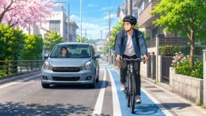 狭い道路で安全な間隔を保つ自転車と自動車のアニメ風イラスト