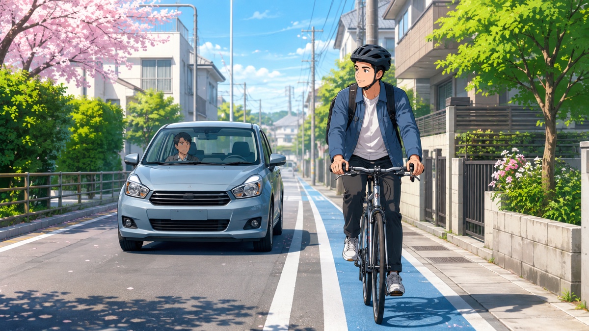 狭い道路で安全な間隔を保つ自転車と自動車のアニメ風イラスト
