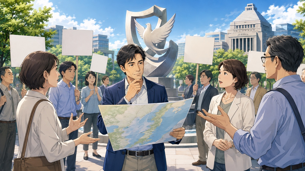 平和と防衛の両面から憲法議論を考える成人男性のアニメ風イラスト