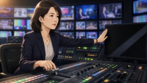 テレビ制作室で犯罪報道の節度を判断する成人女性のアニメ風イラスト