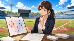 野球場で二刀流選手の公平なルールを検討する成人女性のアニメ風イラスト