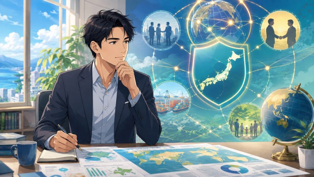 平和と安全保障の総合的な備えを検討する成人男性のアニメ風イラスト