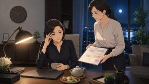 夜の執務室で休息と役割分担を考える成人女性たちのアニメ風イラスト