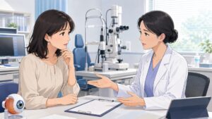 病院で手術の安全と信条について話し合う成人女性たちのアニメ風イラスト