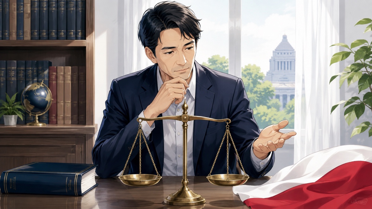 法と表現の自由の均衡を考える成人男性のアニメ風イラスト