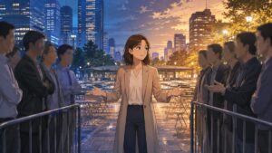 分断した社会の対話を仲介する成人女性のアニメ風イラスト