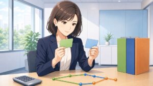 通勤経路と手当の記録を確認する成人女性監査員のアニメ風イラスト