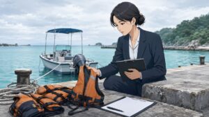 沖縄の港で救命胴衣と船の安全を確認する成人女性調査員のアニメ風イラスト