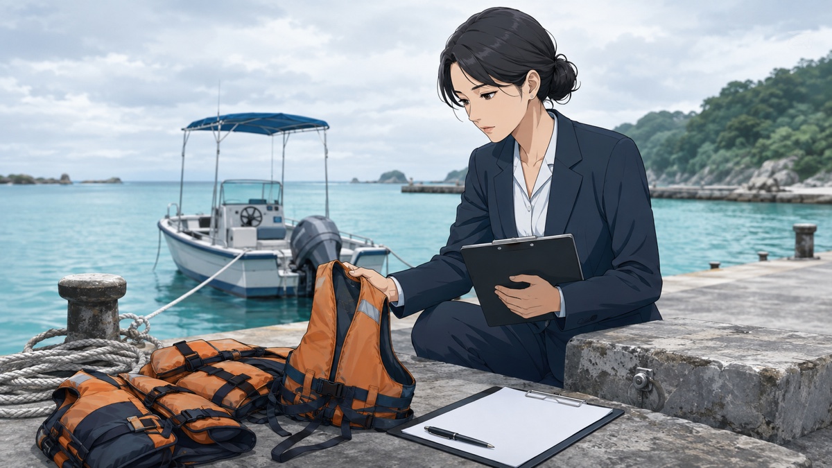 沖縄の港で救命胴衣と船の安全を確認する成人女性調査員のアニメ風イラスト