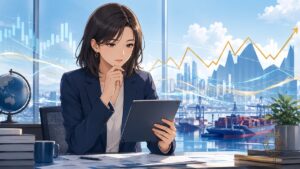 為替変動と経済の根本要因を分析する成人女性のアニメ風イラスト