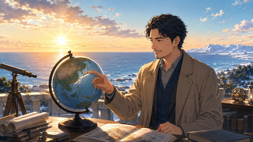 海辺の観測所で地球儀と日の出を見比べる成人男性のアニメ風イラスト
