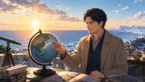 海辺の観測所で地球儀と日の出を見比べる成人男性のアニメ風イラスト