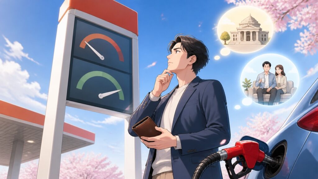 ガソリン補助と家計負担を考える成人男性のアニメ風イラスト
