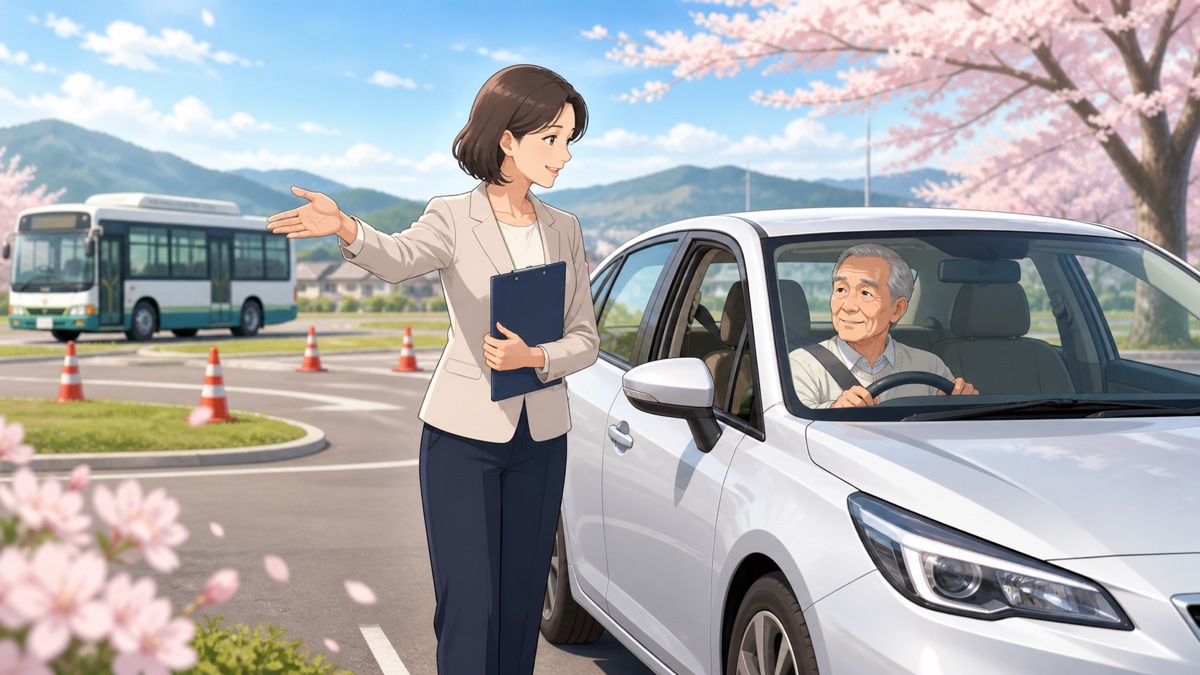 運転講習で安全確認を行う成人指導員と高齢受講者のアニメ風イラスト