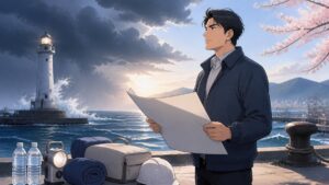 不確実な国際情勢に備える成人男性のアニメ風イラスト