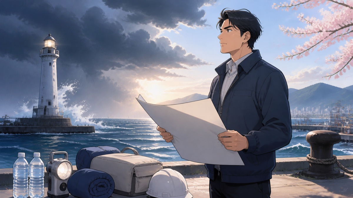 不確実な国際情勢に備える成人男性のアニメ風イラスト