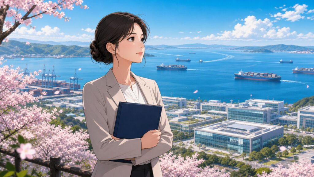 桜咲く高台で国際関係を考える成人女性のアニメ風イラスト